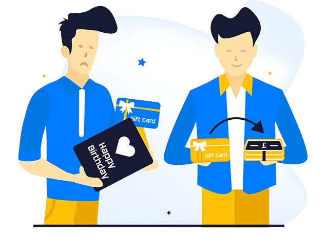 Illustration of one person handing over a gift card and another receiving cash in return